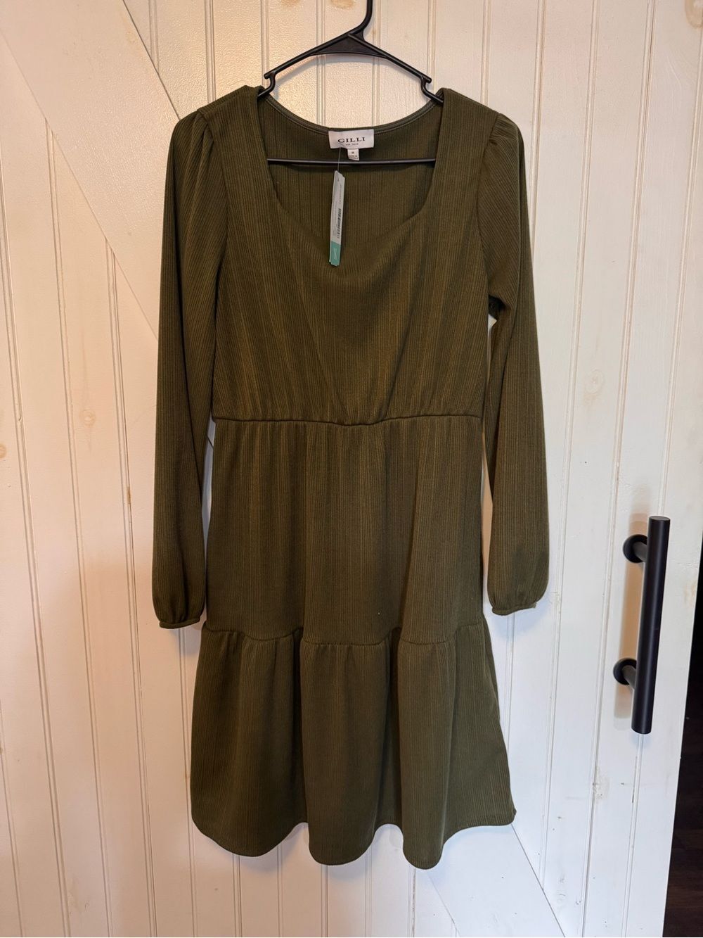 Gilli Olive Ribbed Scoop Neck Knit Dress